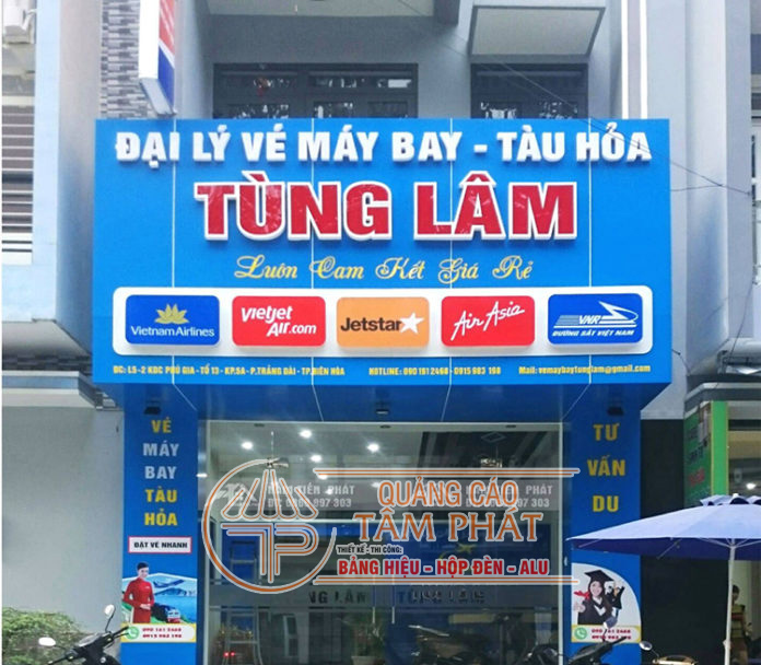 Làm bảng hiệu quảng cáo Biên Hoà giá rẻ gần đây 5 Thi công làm bảng hiệu quảng cáo Biên Hòa cho đại lý bán vé máy bay - tàu hỏa